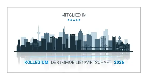 Skyline mit Gebäuden, Sternen und der Aufschrift: "Mitglied im Kollegium der Immobilienwirtschaft 2026".