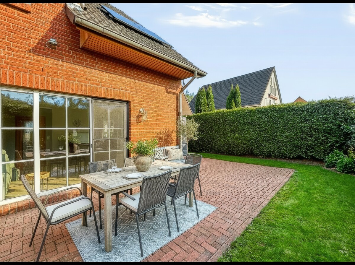 Terrasse (Bild ist mit KI bearbeitet) - Familienfreundliches Reihenendhaus mit PV-Anlage & Klimaanlage