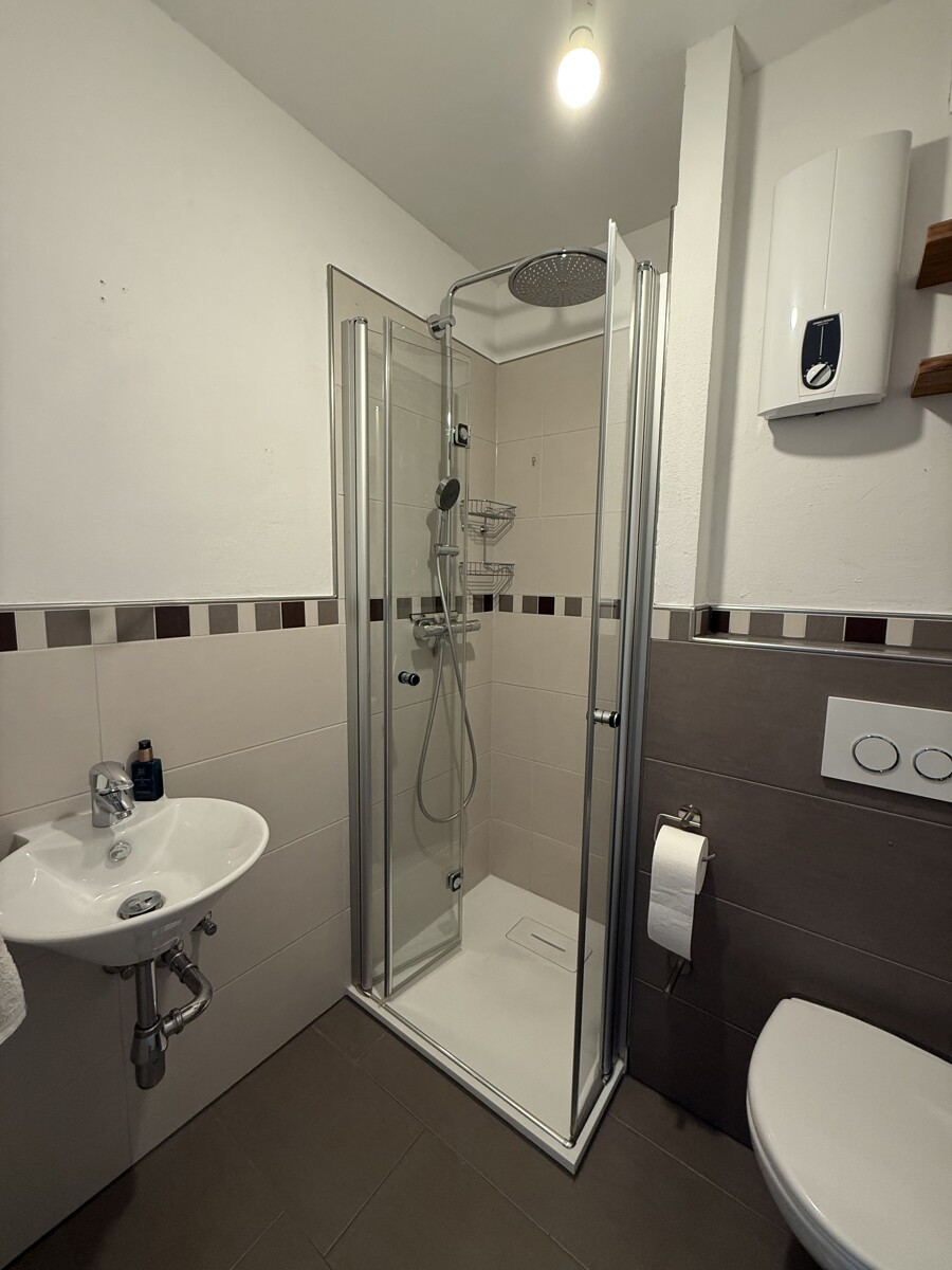 Badezimmer mit Dusche - Einziehen und Wohlfühlen – Sanierte Eigentumswohnung mit Fahrstuhl und Westloggia