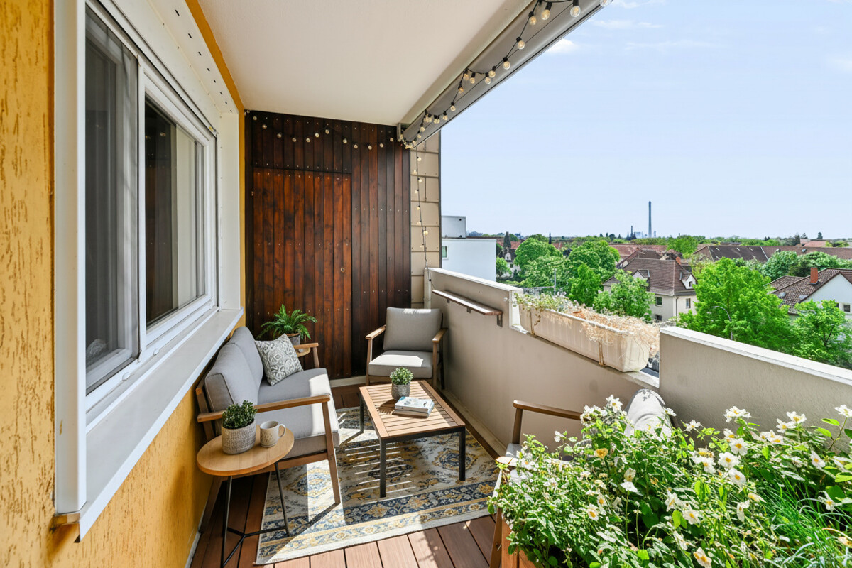 Balkon mit KI bearbeitet - Einziehen & wohlfühlen – Modernisierte Eigentumswohnung mit Fahrstuhl und Westloggia